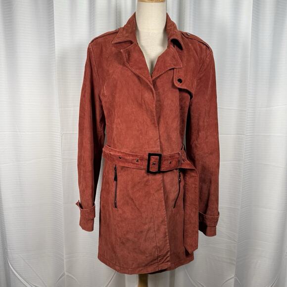 VTG Bradley Bayou Suede Leather Belted Trench Coat Jacket Rust Red Womens Size M - Picture 1 of 9